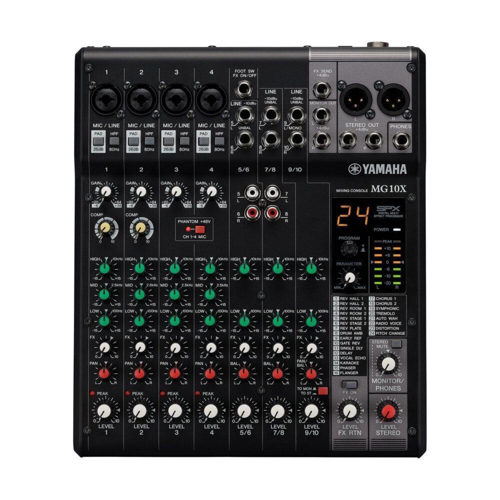 Mixer audio Yamaha MG10X con interfaccia superiore che mostra i vari controlli di ingresso, uscite e manopole di equalizzazione e volume