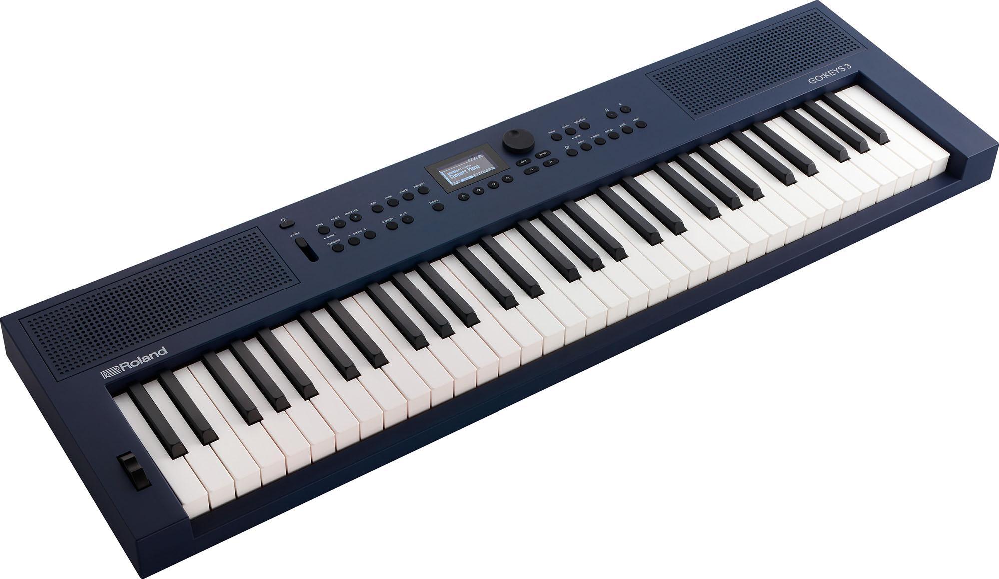 Vista laterale della tastiera Roland Go:Keys 3 in Midnight Blue, che evidenzia i tasti e i controlli del pannello.