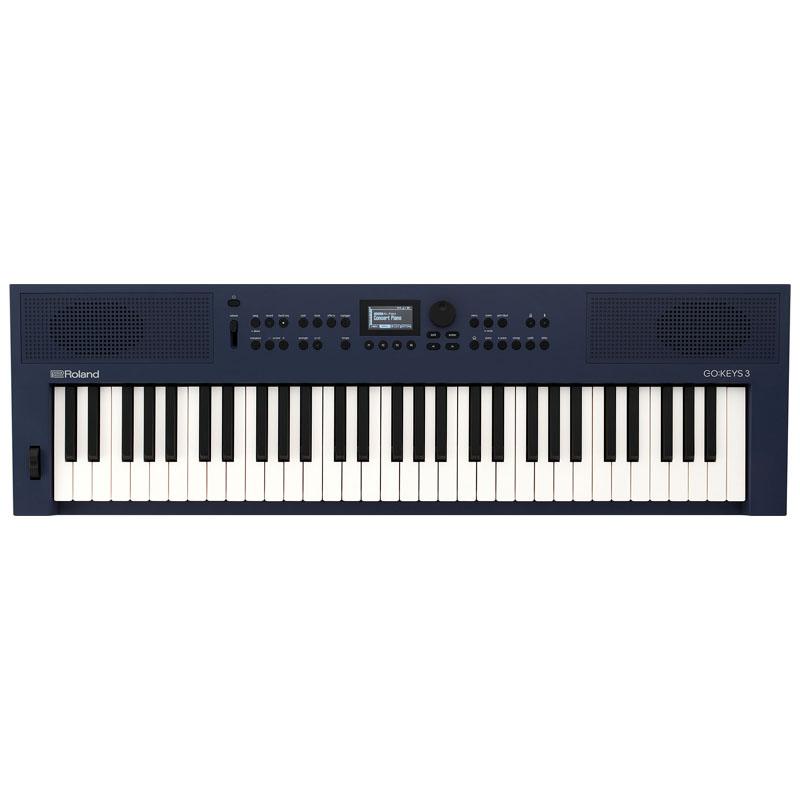 Vista frontale della tastiera Roland Go:Keys 3 in colore Midnight Blue, con 61 tasti e display centrale.