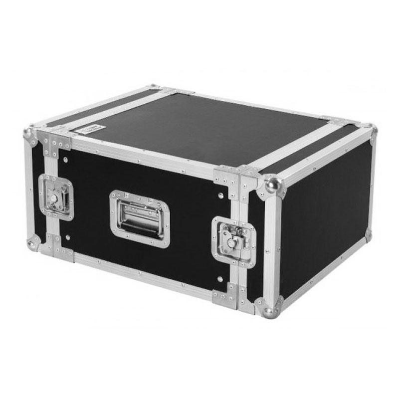 Vista angolare di un Proel Flight Case Rack 6U nero con finiture metalliche rinforzate.