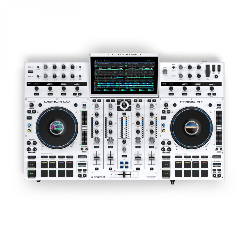 Denon Prime 4+ bianco, controller DJ professionale con schermo touch centrale, jog wheel illuminate e interfaccia completa.