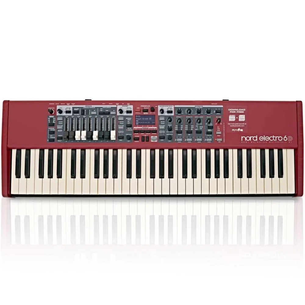 Vista frontale della tastiera Nord Electro 6D, con design rosso distintivo e tasti semi-pesati bianchi e neri.