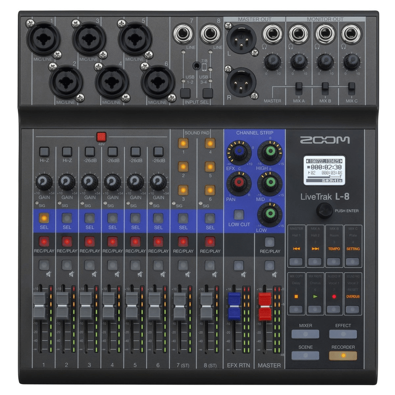 Mixer digitale Zoom LiveTrak L-8 con fader, controlli di equalizzazione e connessioni per microfoni e strumenti.