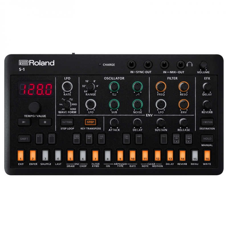 Sintetizzatore Roland AIRA Compact S-1 Tweak Synth con interfaccia ricca di controlli e display LED rosso.