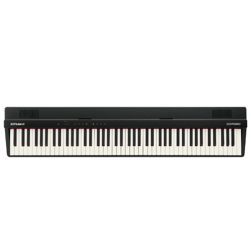Pianoforte digitale Roland GO:PIANO 88 tasti con finitura nera e altoparlanti integrati.