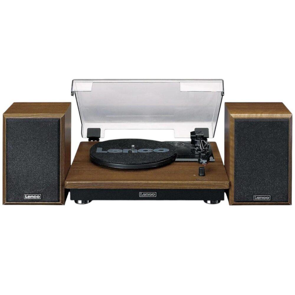 Giradischi Lenco con finitura in legno, coperchio trasparente aperto e due altoparlanti separati.
