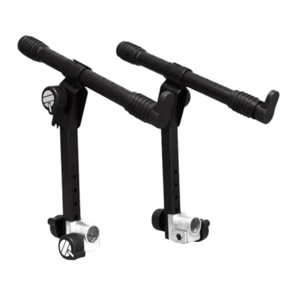 Coppia di supporti regolabili per tastiere musicali di colore nero.