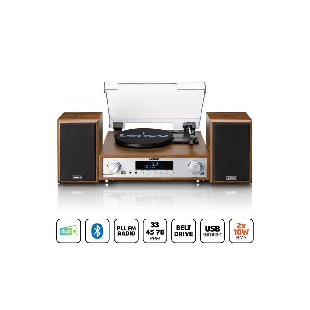 Giradischi Lenco con finitura in legno, altoparlanti separati, display digitale e icone che evidenziano le funzioni disponibili.