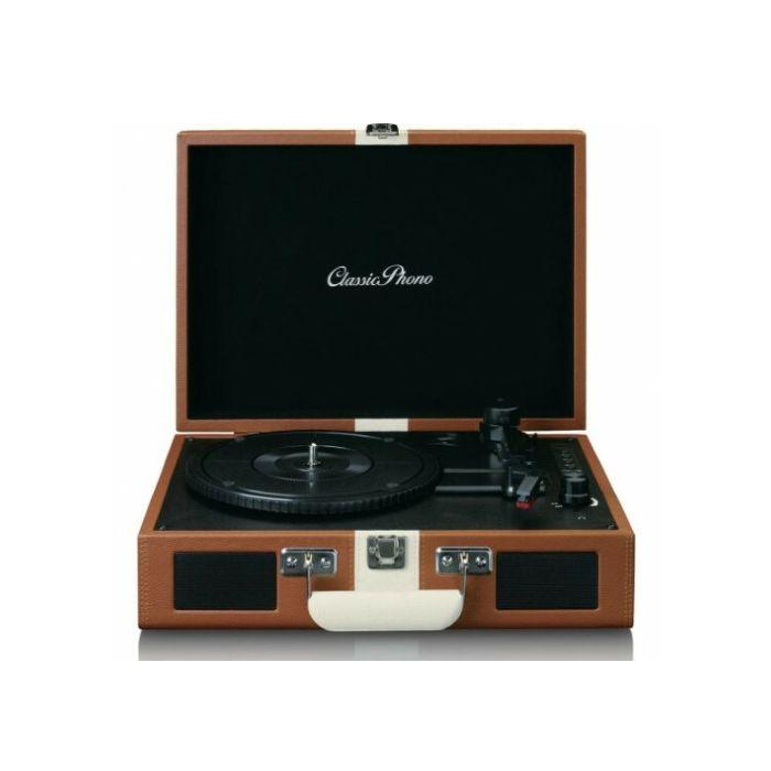 Giradischi portatile Classic Phono a valigetta, con rivestimento in similpelle marrone e bianca, altoparlanti integrati e chiusura metallica.