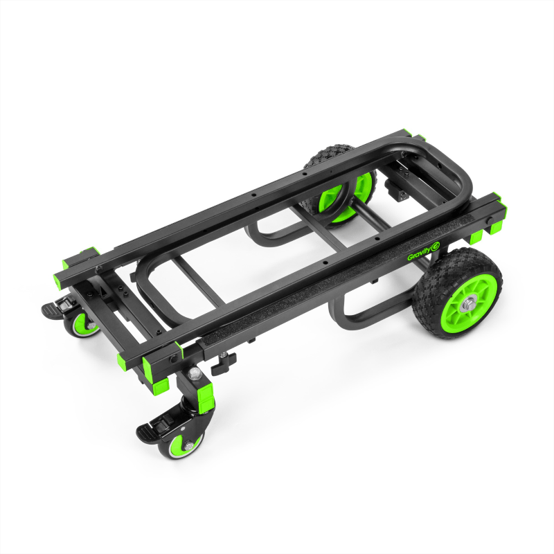 Carrello Gravity CART M01B piegato, con struttura nera e ruote verdi.