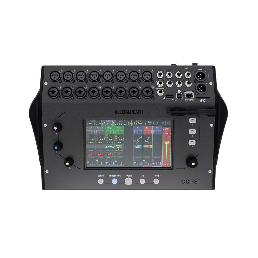 Mixer digitale Allen & Heath CQ-18T con touchscreen e connessioni XLR e jack.