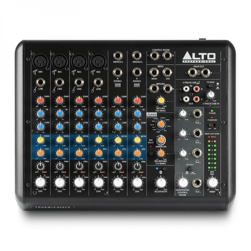 Mixer audio Alto Professional TrueMix 800FX con 8 canali e controlli colorati.