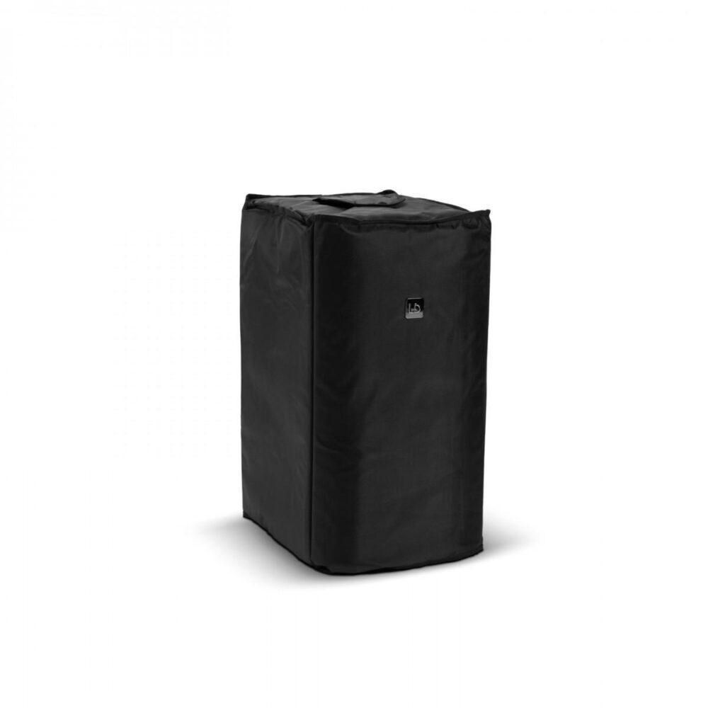 Copertura protettiva nera per cassa audio LD Systems montata verticalmente.