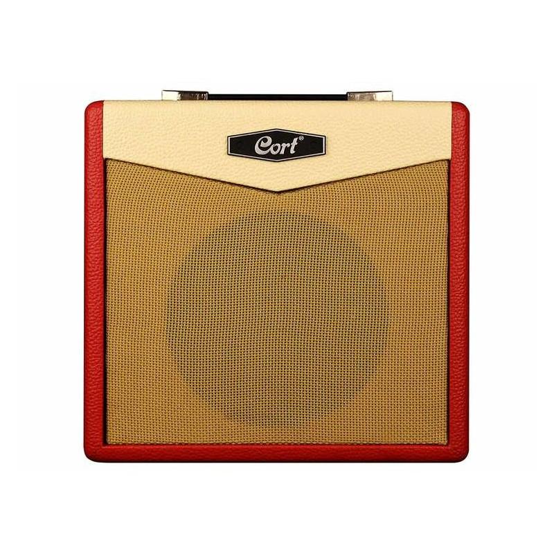 Amplificatore per chitarra elettrica Cort CM15R in colorazione rosso e beige, vista frontale.