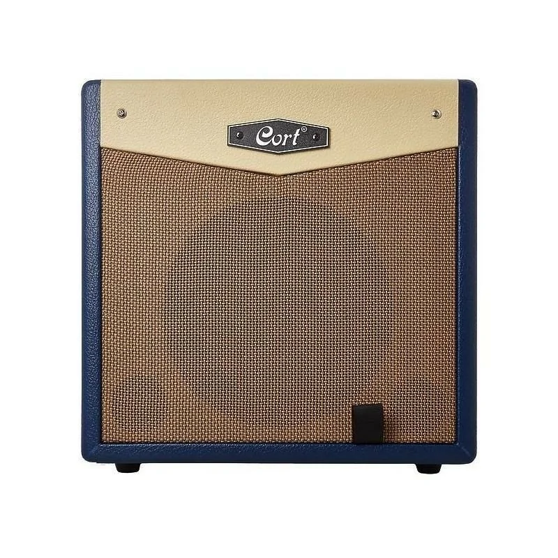 Amplificatore per chitarra Cort CM15R con design vintage in blu e crema, vista frontale con griglia altoparlante in tessuto e logo Cort in evidenza.