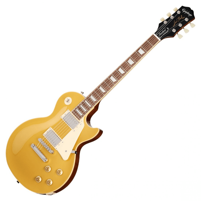 Chitarra elettrica Epiphone Les Paul Standard 50s Gold Top vista frontale intera, con finitura dorata e hardware cromato