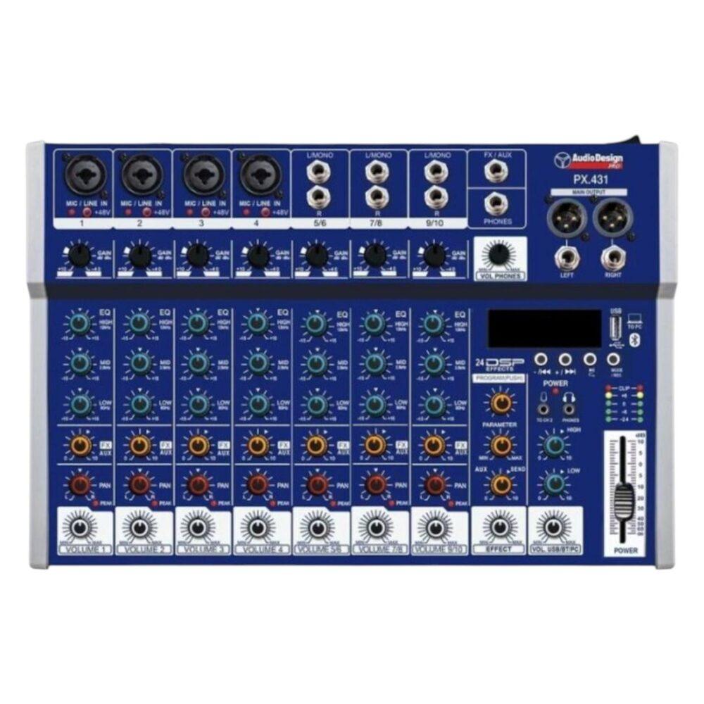 Mixer AudioDesign PX431 con 4 ingressi microfonici, canali stereo aggiuntivi, effetti DSP e connessioni USB e Bluetooth, pannello frontale blu con manopole multicolore