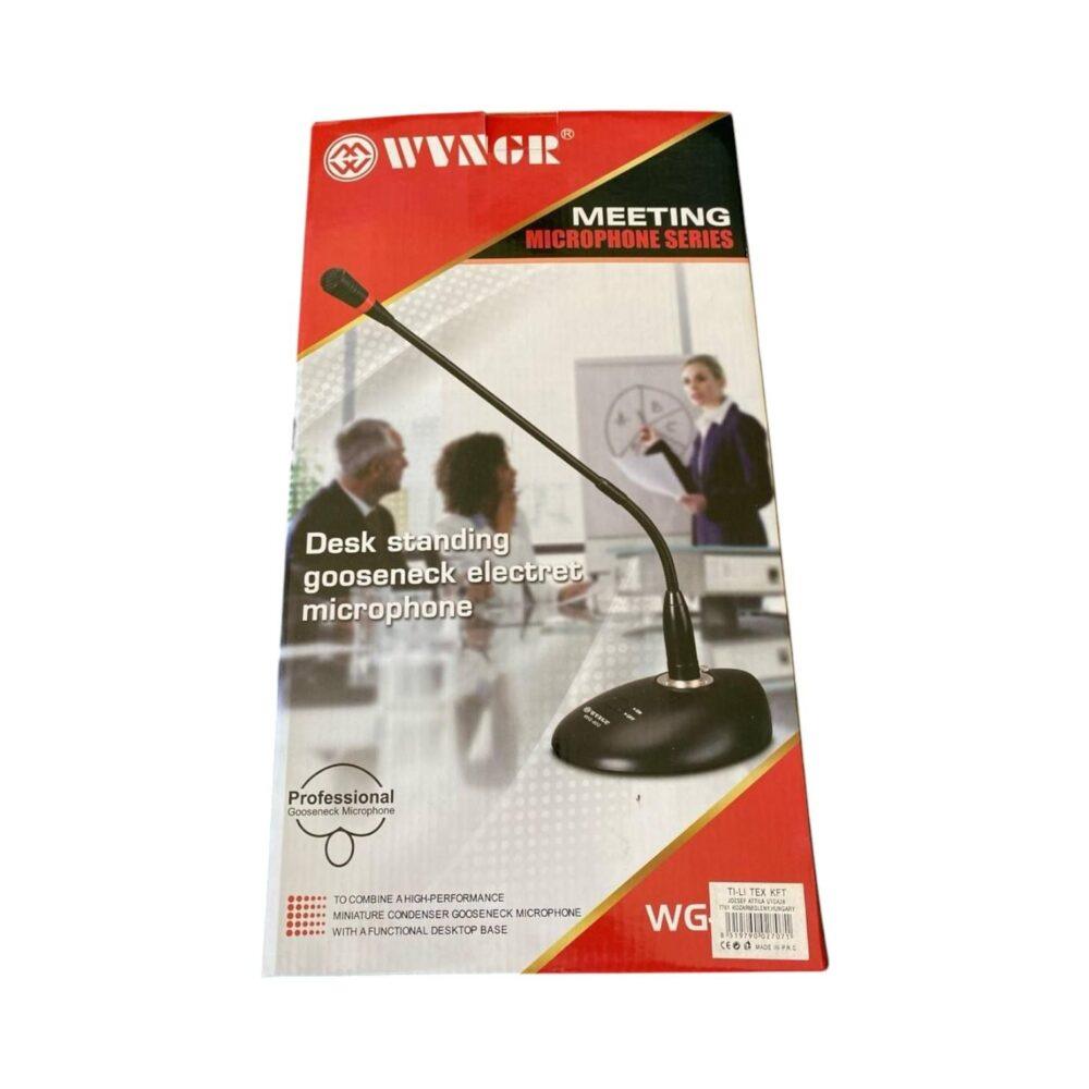 Confezione del microfono professionale da tavolo WVNGR WG 800 della serie Meeting, con immagine del microfono a collo d’oca elettrete su base da scrivania