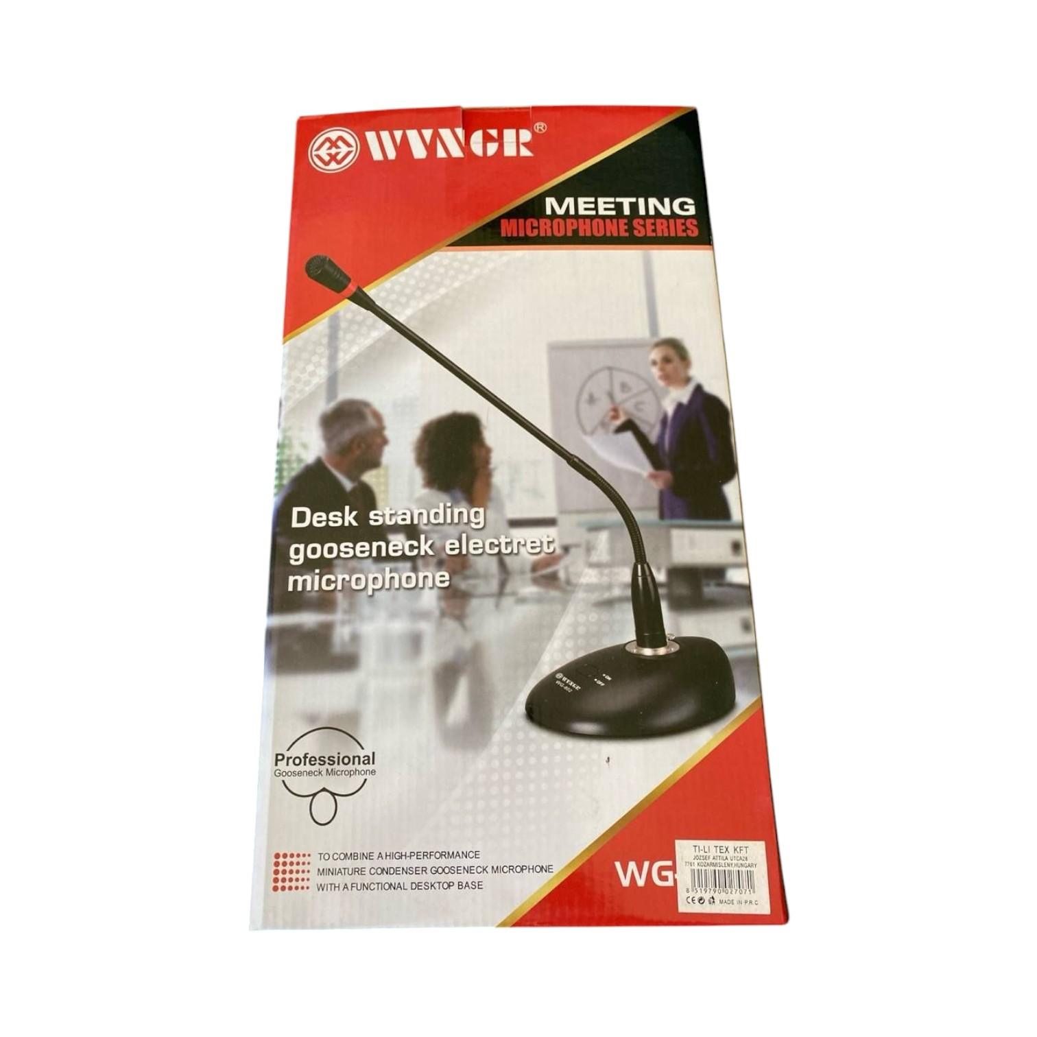 Confezione del microfono professionale da tavolo WVNGR WG 800 della serie Meeting, con immagine del microfono a collo d’oca elettrete su base da scrivania