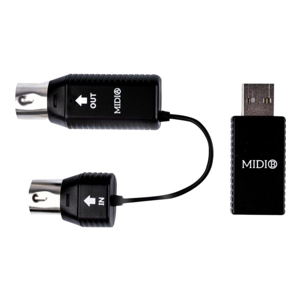 Interfaccia MIDI USB Audio Design con connettori IN e OUT e adattatore USB per collegare strumenti musicali e computer