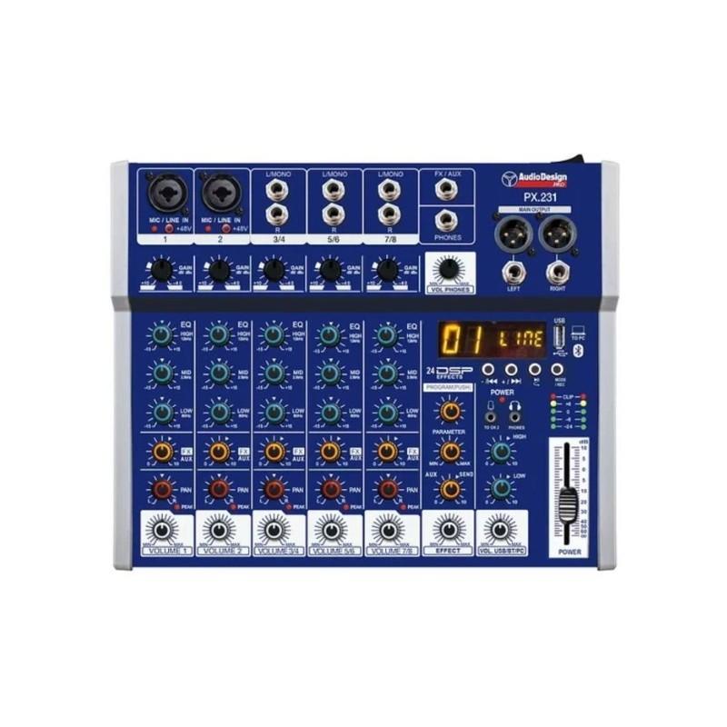 Mixer AudioDesign PX231 con 2 ingressi mono, 3 ingressi stereo, effetti DSP e connessione USB Bluetooth, pannello comandi frontale blu con manopole multicolore