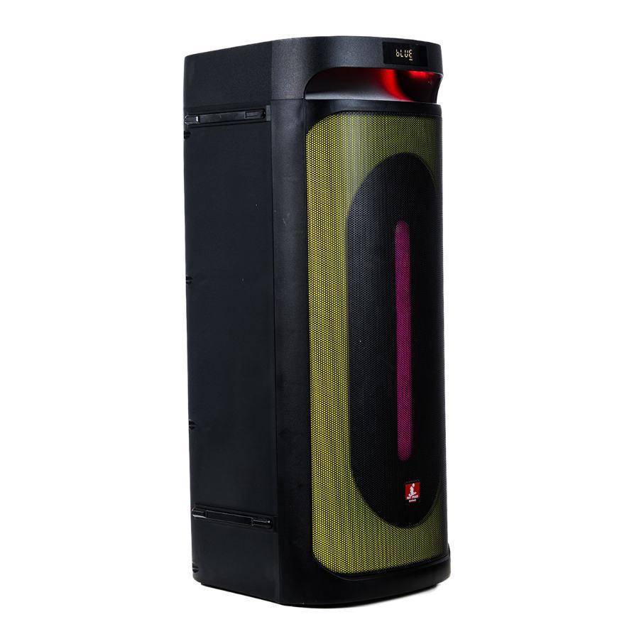 cassa amplificata Audiodesign DJ 208 con griglia frontale illuminata da LED gialli e rossi.