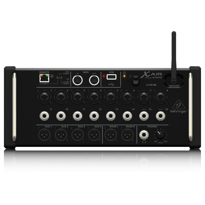 mixer digitale Behringer X Air XR16 con connessioni XLR, combo jack e antenna WiFi