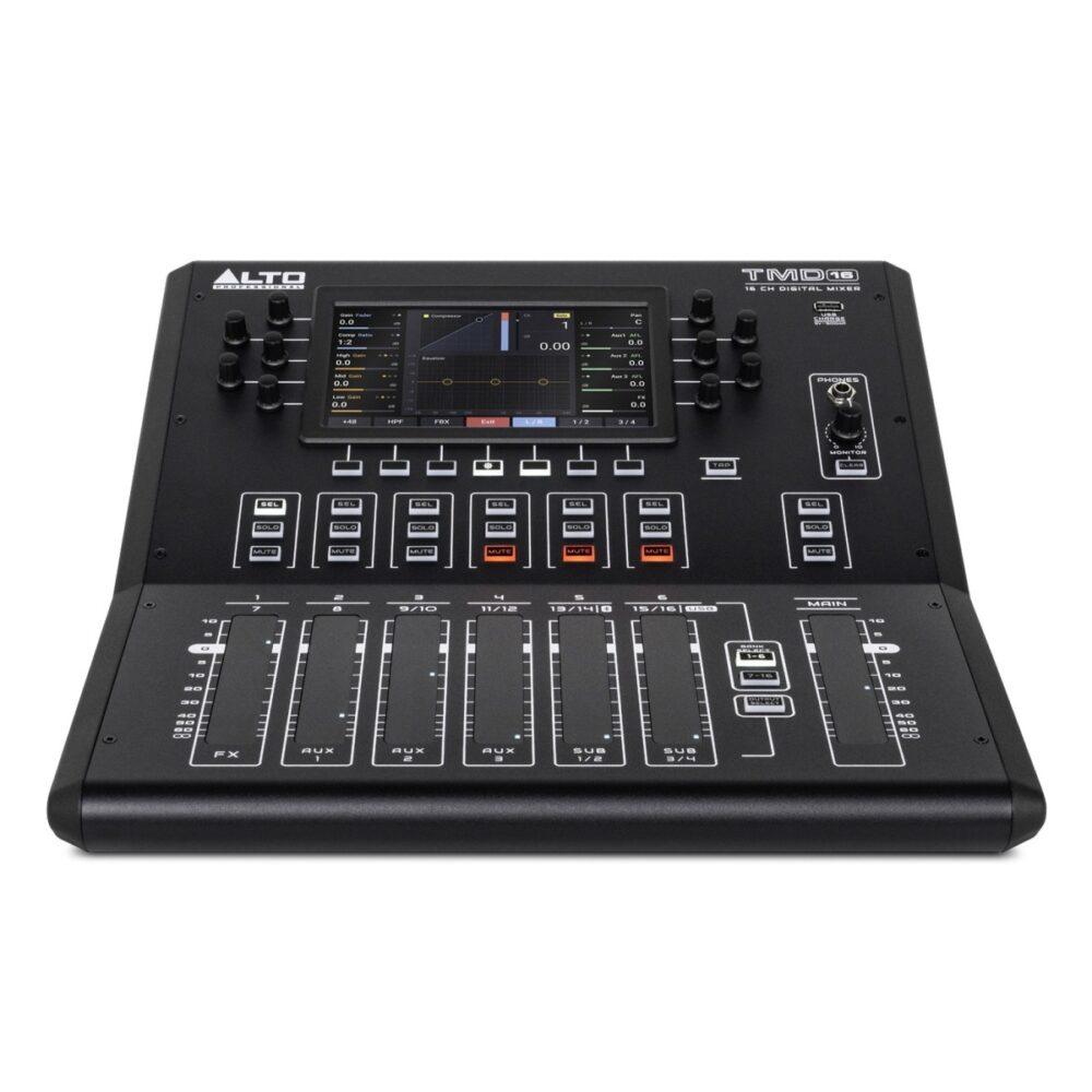 mixer digitale Alto Professional TMD16 con touchscreen e fader motorizzati per controllo audio.