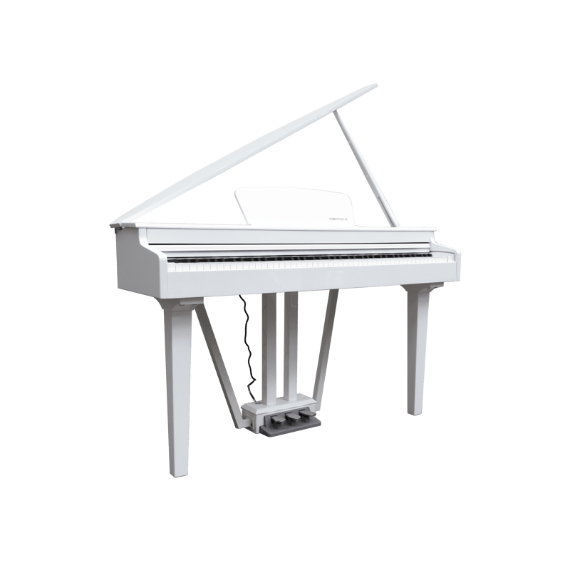 Pianoforte a coda bianco con coperchio aperto, tastiera e pedaliera a tre pedali