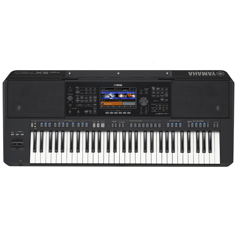 Tastiera arranger Yamaha PSR-SX720 vista dall’alto con display centrale, controlli e altoparlanti integrati