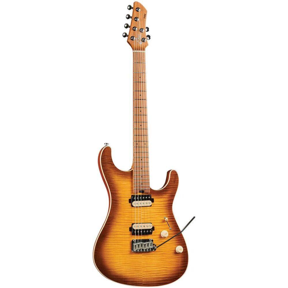 Chitarra elettrica solid body con due humbucker, ponte tremolo e manopole volume e tono, vista frontale