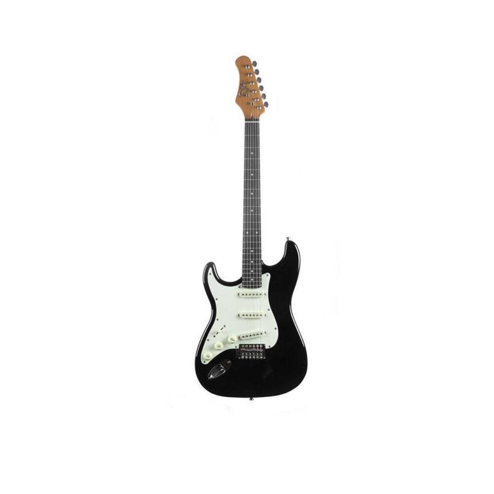 Chitarra elettrica mancina Eko ST-300 Black LH con corpo nero, pickguard bianco e tre pickup single coil