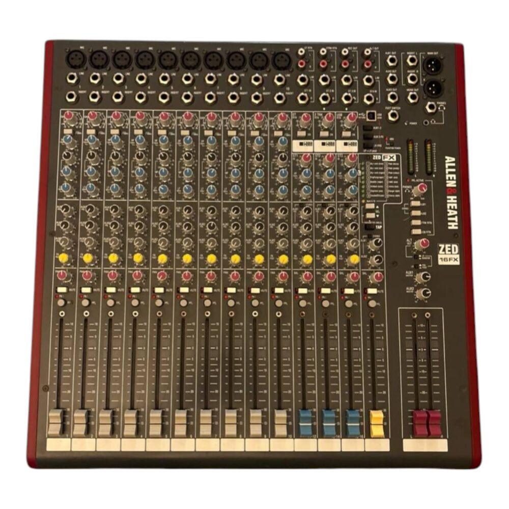 Mixer analogico Allen & Heath ZED-16FX con fader, equalizzatori e sezione ingressi, vista dall’alto