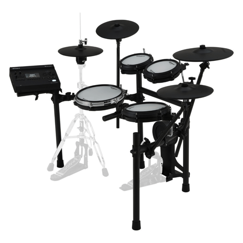 Batteria elettronica Roland V-Drums vista angolare con modulo, pad mesh e piatti