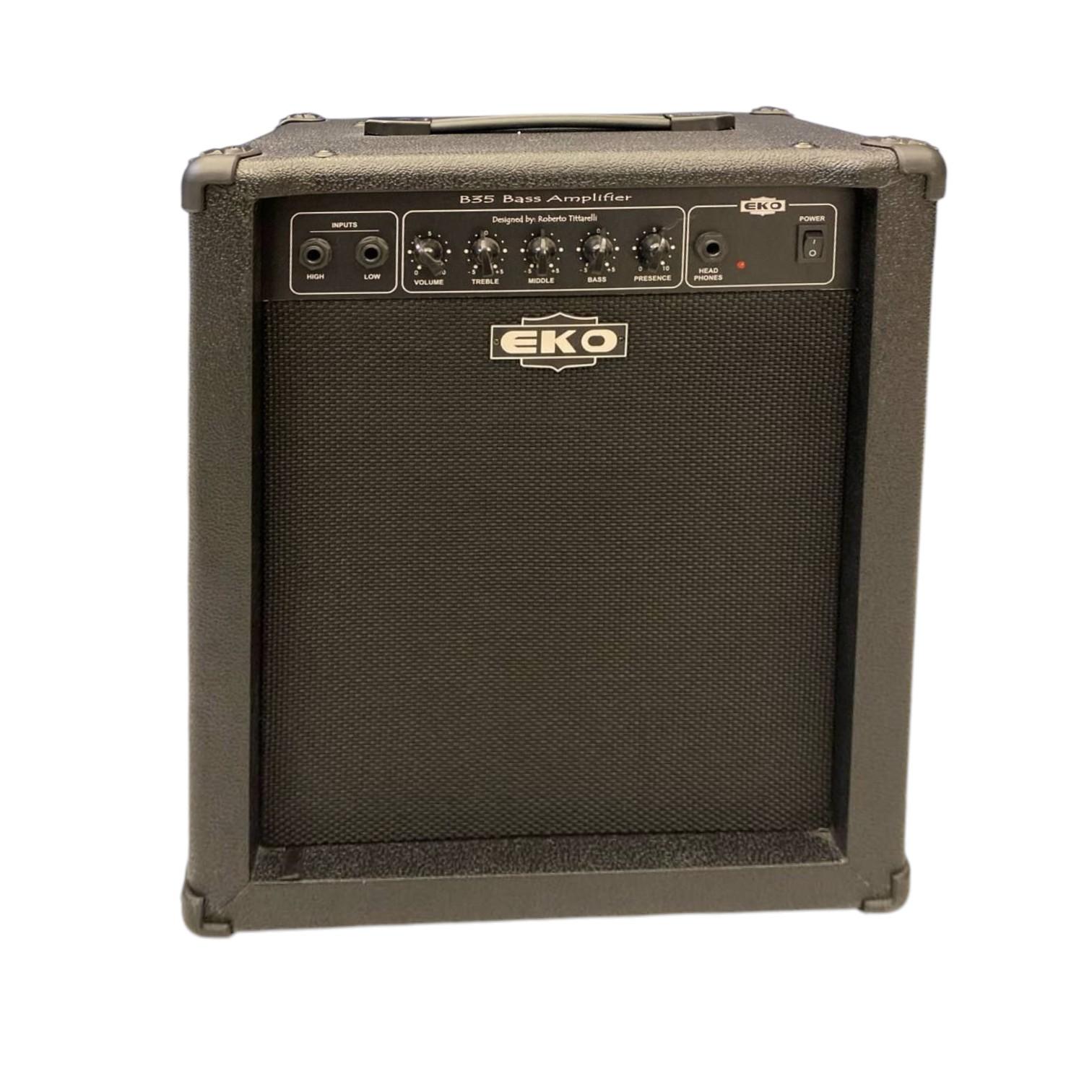 Amplificatore per basso EKO B35 con pannello frontale, controlli EQ, ingressi High/Low e uscita cuffie