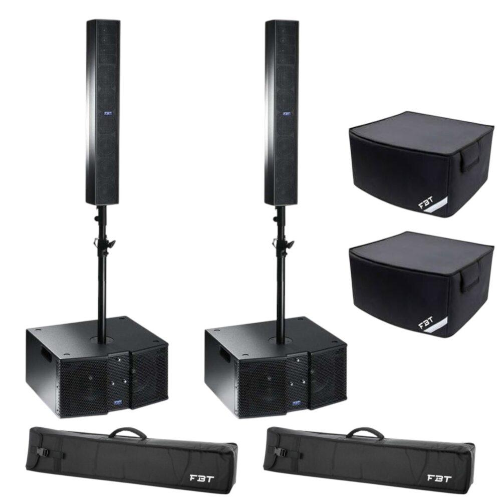 Sistema audio FBT con due colonne, due subwoofer, aste distanziatrici e custodie imbottite