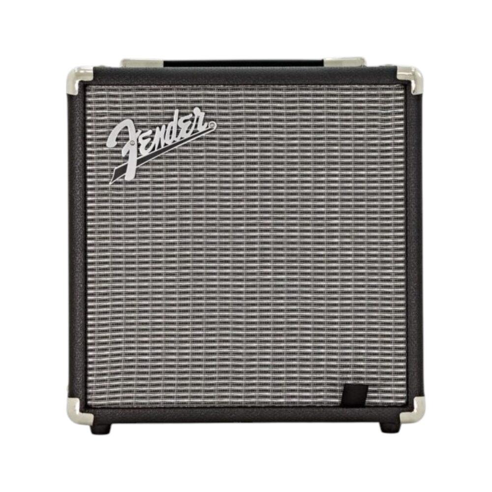Amplificatore Fender Rumble 15 vista frontale con griglia frontale e logo Fender