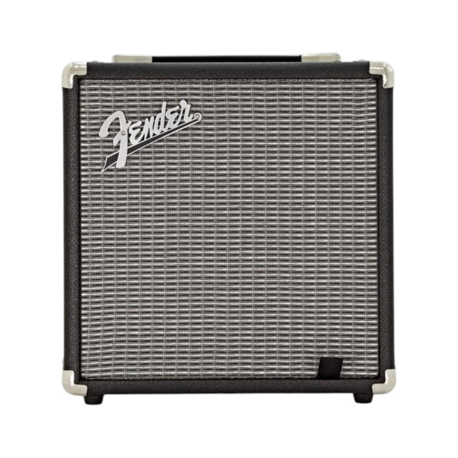 Amplificatore Fender Rumble 15 vista frontale con griglia frontale e logo Fender
