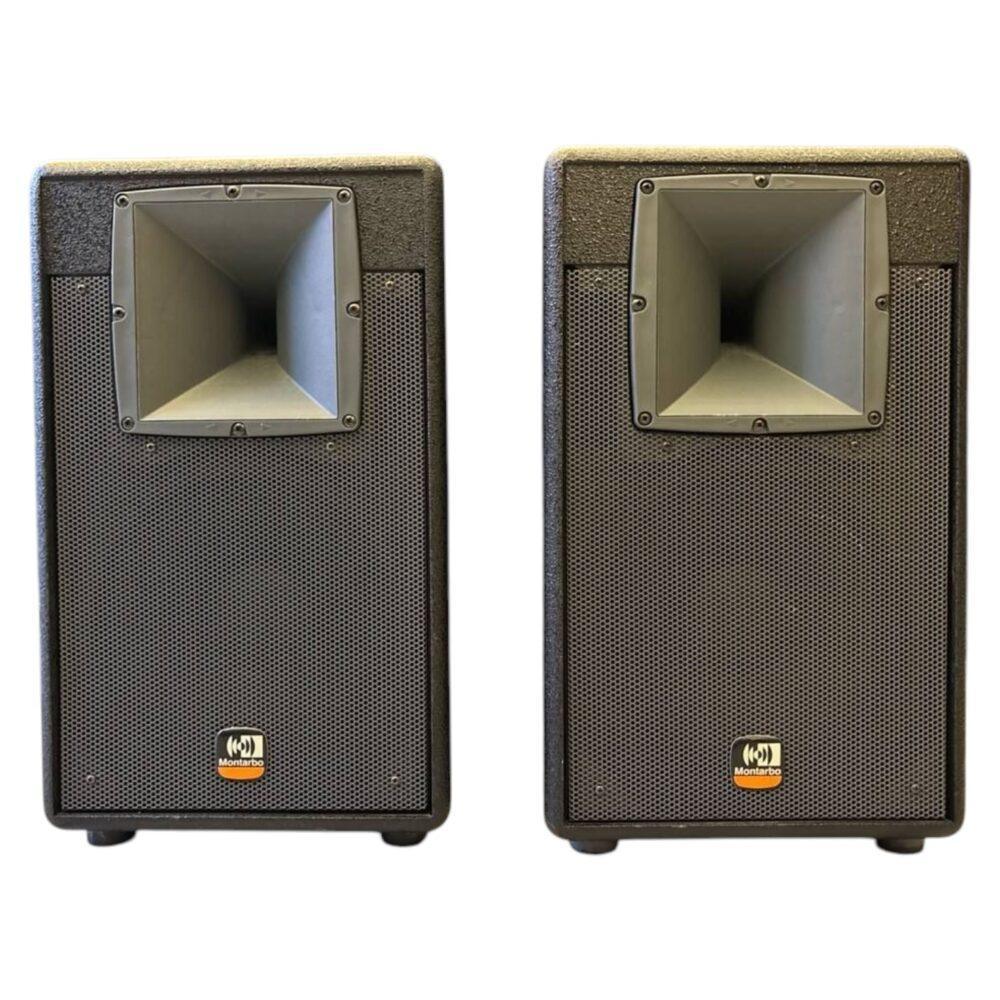 Coppia di casse attive Montarbo T10A con tromba frontale e griglia metallica