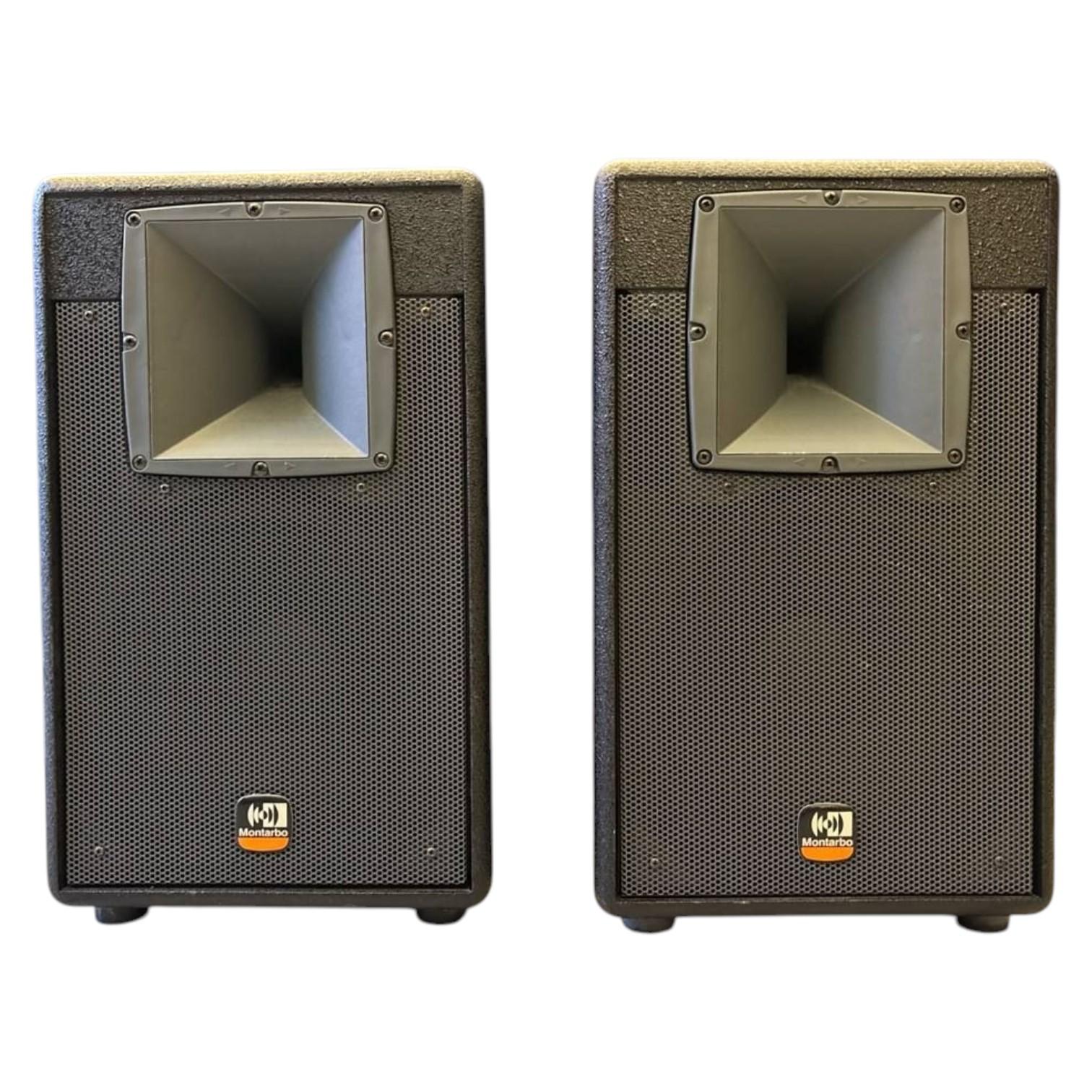 Coppia di casse attive Montarbo T10A con tromba frontale e griglia metallica